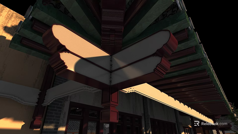 Traditional Chinese Architecture Bracket Structure With Red White Green Components Illuminated At Night 3d model 