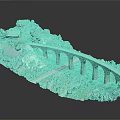 Stone Arch Bridge Model With Green Vegetation Hills And Red Roof Building