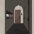 Elegant Hotel Corridor Featuring Beige Walls Recessed Lighting Wooden Doors Wall Art and Patterned Flooring