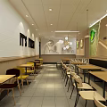 Modern Restaurant Interior With Round Tables Colorful Chairs Pendant Lights And Service Counter