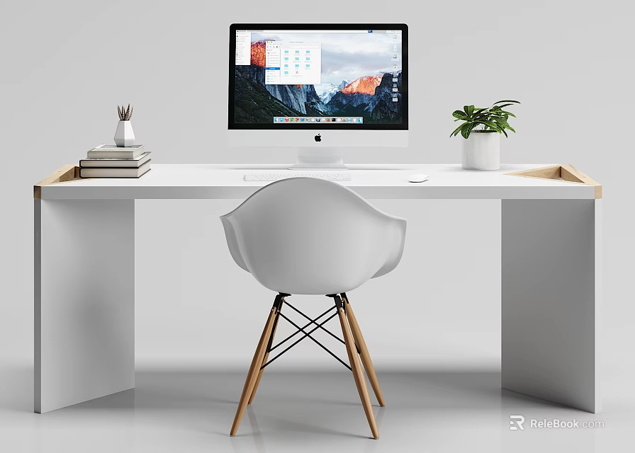Modern White Desk With Computer Monitor Books Decorative Item And Potted Plant 3d model 