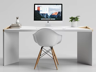 Modern White Desk With Computer Monitor Books Decorative Item And Potted Plant 3d model