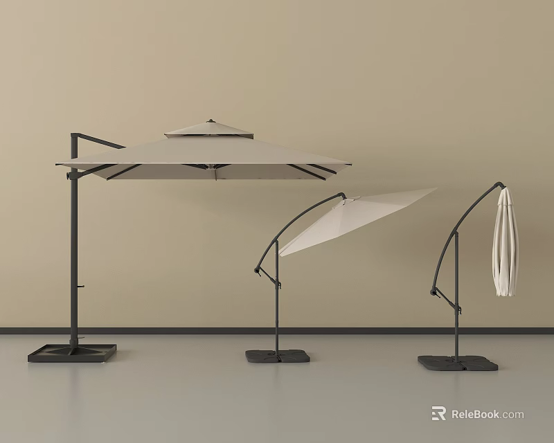Modern Outdoor Sunshade Designs With Various Canopy Shapes Metal Stands And White Hanging Strips 3d model 