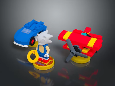 Building Blocks Set with Blue Toy Car Red Airplane and Hedgehog Figure 3d model