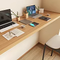 Wooden Work Desk With Two Laptops Tablet Open Notebook Pen Coffee Cup And Small Plants