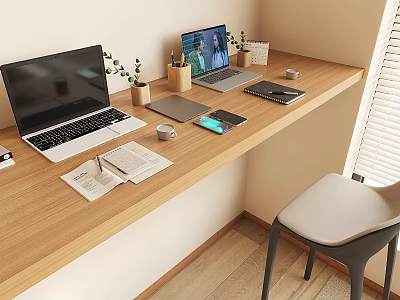 Wooden Work Desk With Two Laptops Tablet Open Notebook Pen Coffee Cup And Small Plants 3d model
