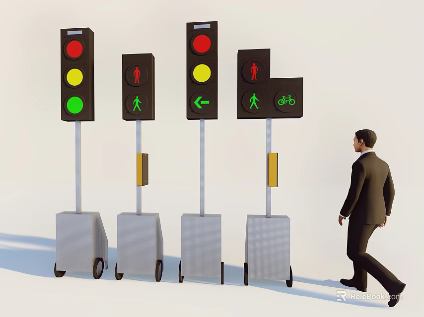 Traffic Signs With Traffic Lights Pedestrian And Bicycle Signals As Man Walks Nearby 3d model 