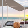 Tropical Beach Landscape with White Canopy Colorful Bean Bags Blue Ocean and Palm Tree