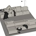Modern Beige Sectional Sofa With Plush Cushions Throw Blanket And Side Tables 3d model