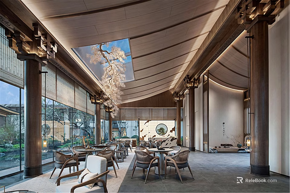 Elegant Hotel Public Lounge Area Interior Design With Wooden Beams Glass Windows And Chandelier 3d model 