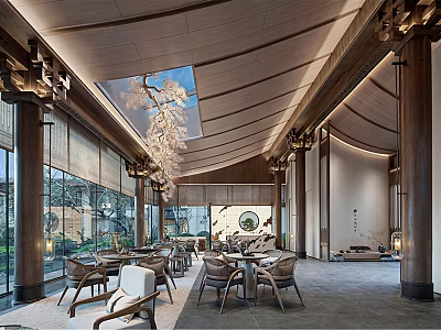 Elegant Hotel Public Lounge Area Interior Design With Wooden Beams Glass Windows And Chandelier 3d model