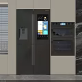 Modern Double Door Refrigerator With Digital Display In Kitchen With Oven And White Cabinets