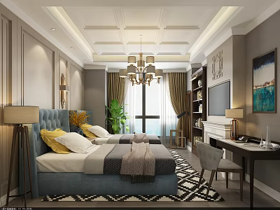 Elegant Hotel Room Interior With King Bed Chandelier Rug Desk And Decorative Elements 3d model