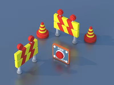 Safety Warning Equipment With Barriers Cones And Fire Exit Sign 3d model