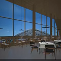 Modern Restaurant Interior With Large Windows Wooden Ceiling Marble Bar Counter And Tables
