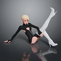 Blonde Woman in Black Bodysuit White Thigh High Socks White Heels on Shiny Black Floor