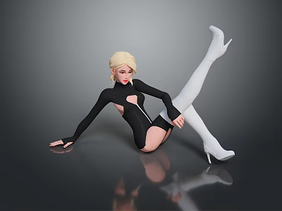 Blonde Woman in Black Bodysuit White Thigh High Socks White Heels on Shiny Black Floor 3d model
