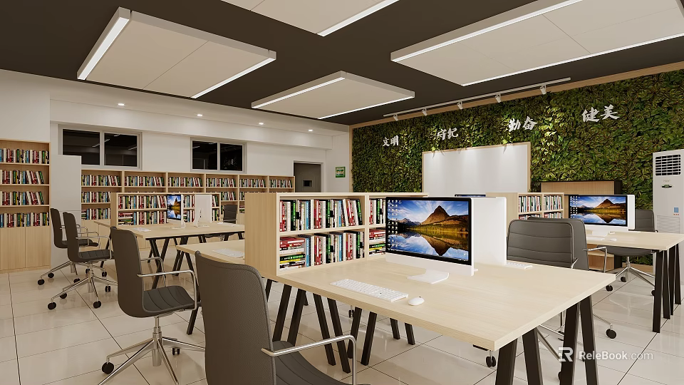 Modern Public Office Space with Bookshelves Computer Monitors and Green Plant Wall 3d model 