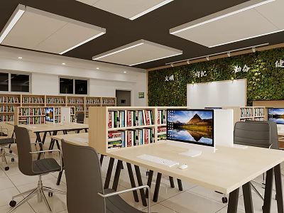 Modern Public Office Space with Bookshelves Computer Monitors and Green Plant Wall 3d model