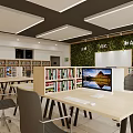 Modern Public Office Space with Bookshelves Computer Monitors and Green Plant Wall