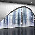 Modern Exhibition Hall with Arched Glass Curtain Wall Golden Decorations and Standing Person