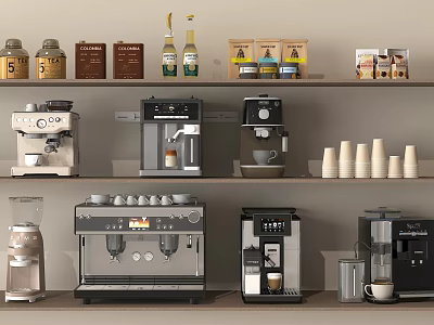 Various Coffee Machines And Kitchen Appliances With Coffee Cups And Beans On Shelves 3d model