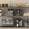Various Coffee Machines And Kitchen Appliances With Coffee Cups And Beans On Shelves