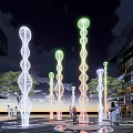 Modern Urban Square With Colorful Fountain Trees Pedestrians And Glass Buildings