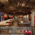 Traditional Restaurant Interior With Wooden Ceiling Stone Pillars Round Tables And Red Lantern Pendant Lights