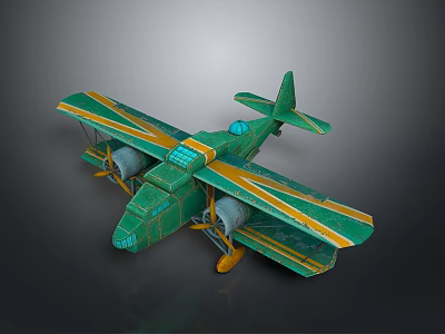 Vintage Green and Yellow Biplane Model with Twin Engines and Retro Design 3d model