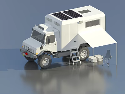 White Off Road Camping Truck With Solar Panels Awning Ladder And Folding Chair 3d model