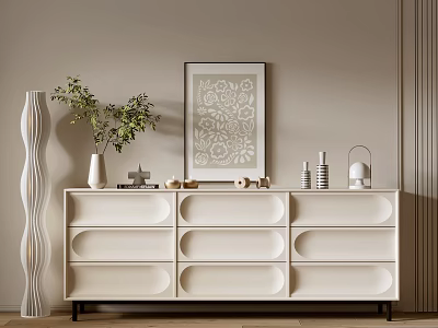 Modern White Entryway Console Cabinet With Decorative Vase Plant And Picture Frame 3d model