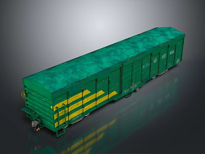 Green Train Freight Car With Yellow Stripes On Gray Background And Metal Surface 3d model