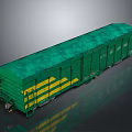 Green Train Freight Car With Yellow Stripes On Gray Background And Metal Surface