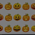Collection of Colorful Carved Halloween Pumpkins With Different Facial Expressions