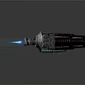 Futuristic Cosmic Spaceship With Blue Thrusters And Red Black Mechanical Design