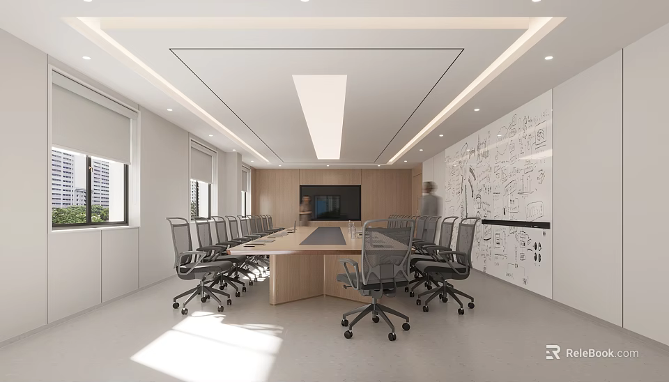 Modern Spacious Conference Room With Long Wooden Table Office Chairs TV Screen And Blueprint Wall 3d model 