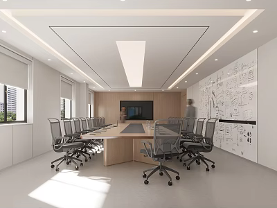 Modern Spacious Conference Room With Long Wooden Table Office Chairs TV Screen And Blueprint Wall 3d model