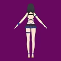 Green Haired Woman in Stylish Black and Blue Outfit Against Purple Background