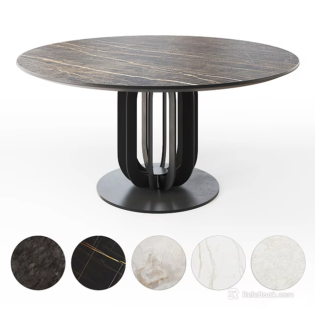 Modern Round Dining Table With Marble Top Black Legs And Multiple Texture Options 3d model 