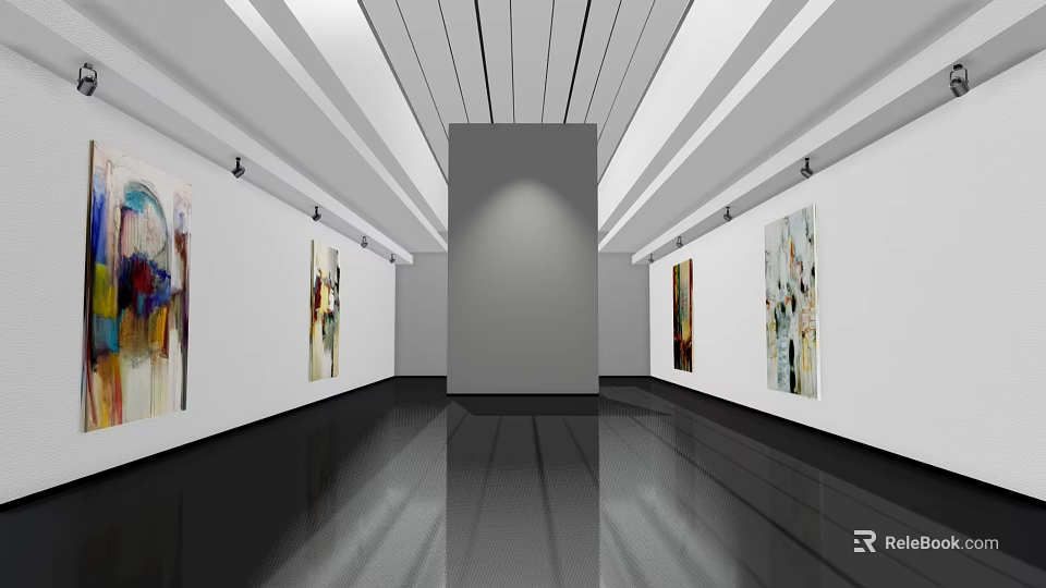 Cultural Center Exhibition Hall Featuring Artworks On White Walls Black Floor And Ceiling Lighting 3d model 