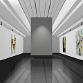 Cultural Center Exhibition Hall Featuring Artworks On White Walls Black Floor And Ceiling Lighting