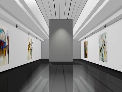 Cultural Center Exhibition Hall Featuring Artworks On White Walls Black Floor And Ceiling Lighting 3d model
