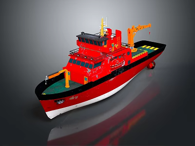 Red Work Boat Model With Yellow Crane Green Deck And White Bottom 3d model