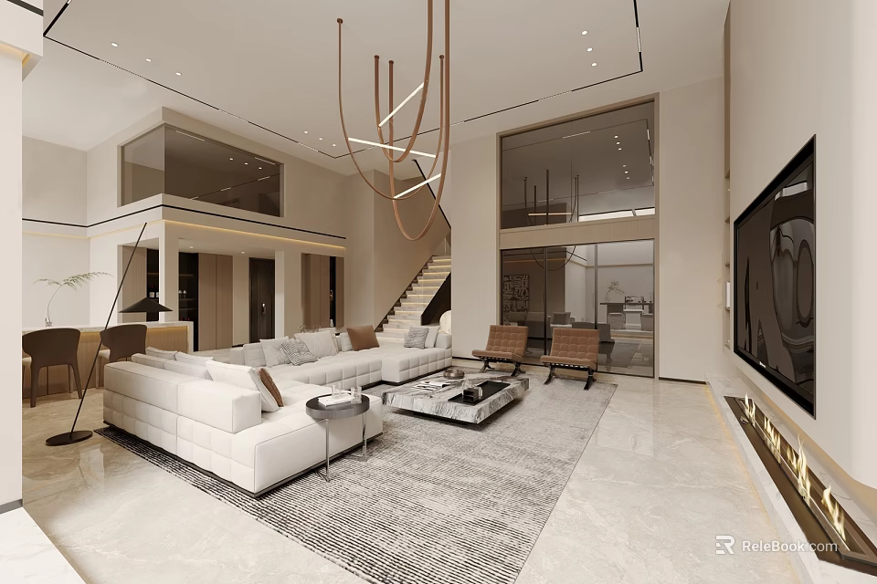 Spacious Modern Living And Dining Room Interior With White Sofa Coffee Table And Pendant Light 3d model 