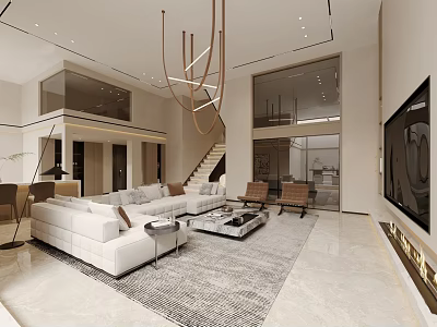 Spacious Modern Living And Dining Room Interior With White Sofa Coffee Table And Pendant Light 3d model