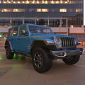 Blue Jeep SUV With Shiny Pavement And Urban City Night Scene