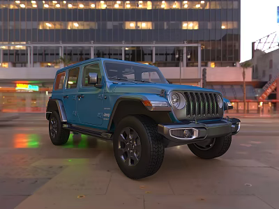 Blue Jeep SUV With Shiny Pavement And Urban City Night Scene 3d model