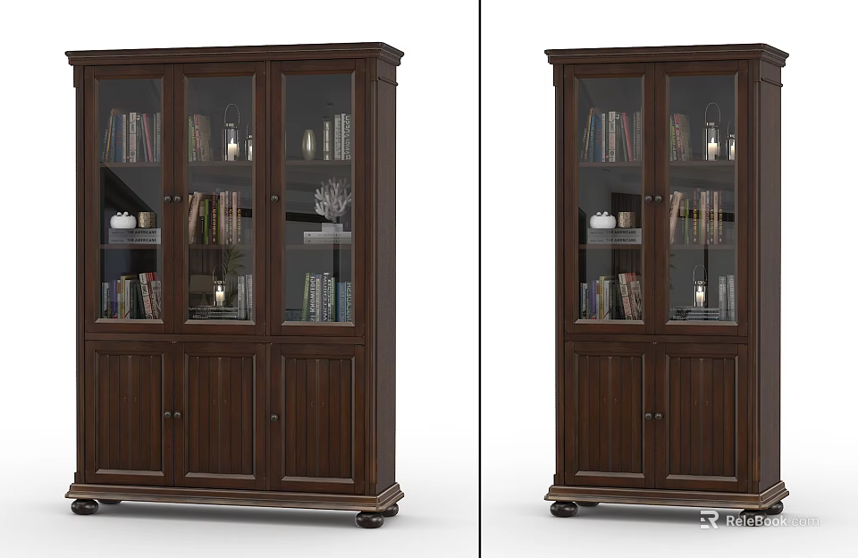Classic Brown Wooden Bookcase With Glass Doors Books And Decorative Items On Wheels 3d model 