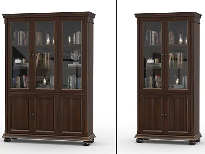 Classic Brown Wooden Bookcase With Glass Doors Books And Decorative Items On Wheels 3d model